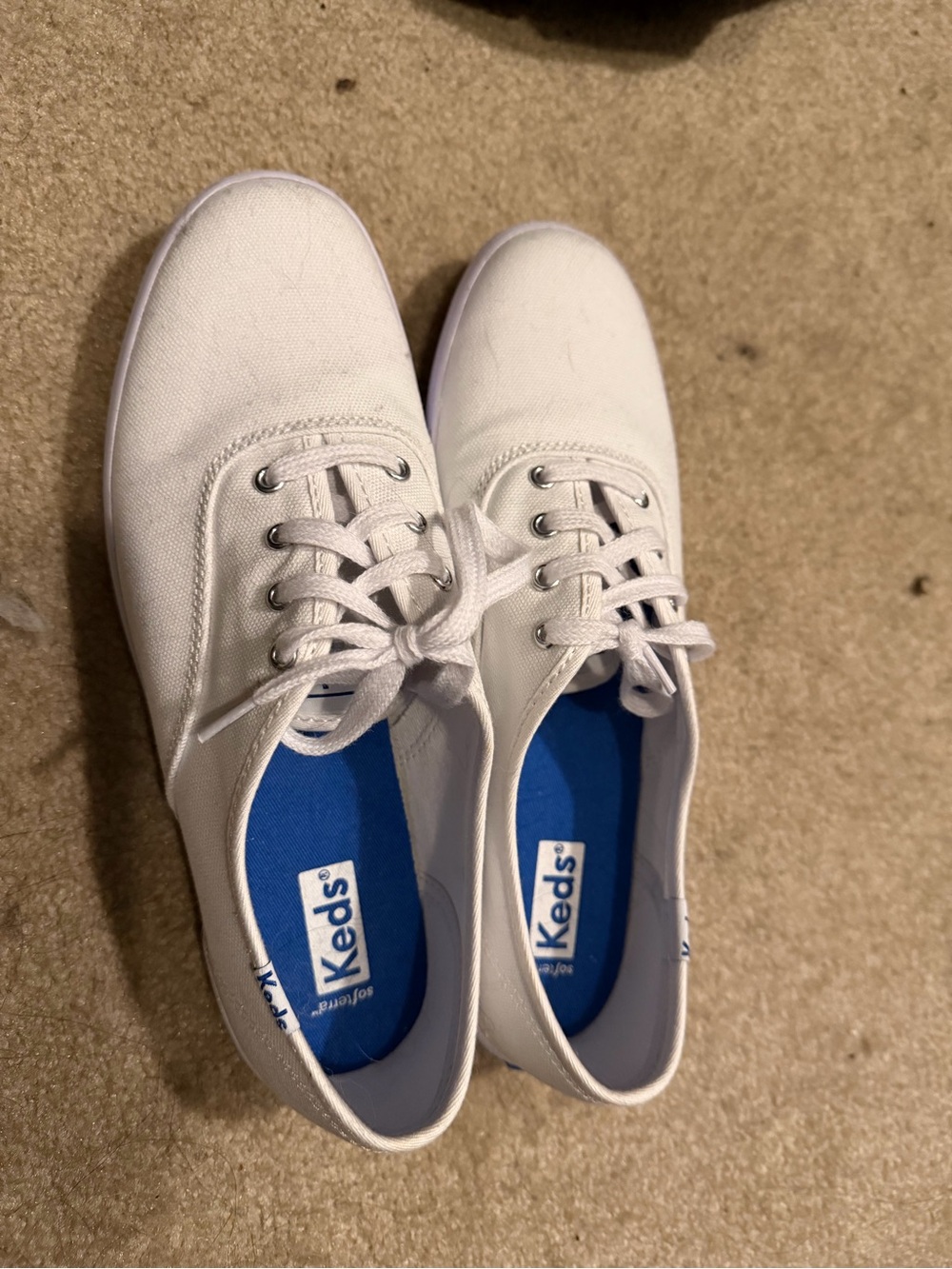 Keds White Canvas Lace-Up Flats with Blue Insole